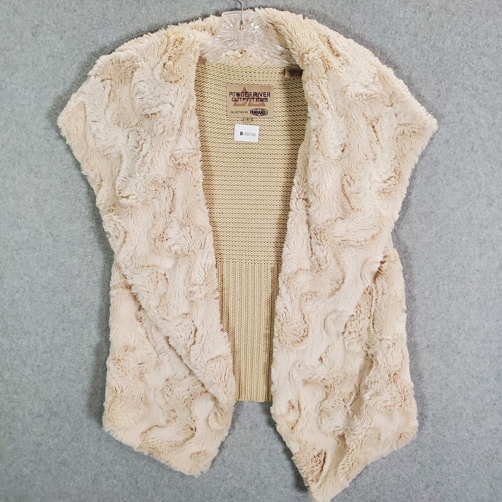 Panhandle Slim‎ Women Sweater Small Beige Faux Fur Open Front Vest Powder River